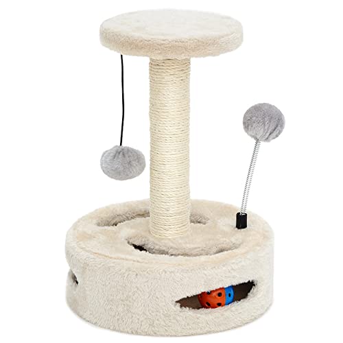 ALLSOPETS Katzenbaum Kratzbaum Kratzbäume Kletterbaum mit Sisal Drehbarer Oberer Stangentunnel Baumelnder Ball für Kleine Katzen Weiß von ALLSOPETS