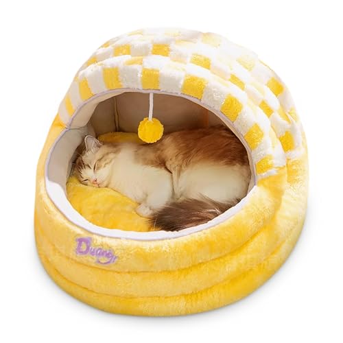 ALLSOPETS Katzenbett Gemütliche Katzengrotte Zelt für Kleine Hunde und Katzen Warmes Hundebett mit Abnehmbarem Waschbarem Kissen Bequemes Katzen-Iglu Haustierbett (Zitronengelb, L) von ALLSOPETS