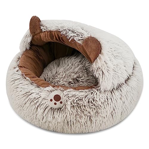 ALLSOPETS Katzenhöhlenbett Beruhigendes Hundebett Flauschiges Plüsch-Haustierbett für Katzen Kleine Hunde Welpen mit Waschbarem Abnehmbarem Kissen Donut Katzenbett (Braunbär, L) von ALLSOPETS