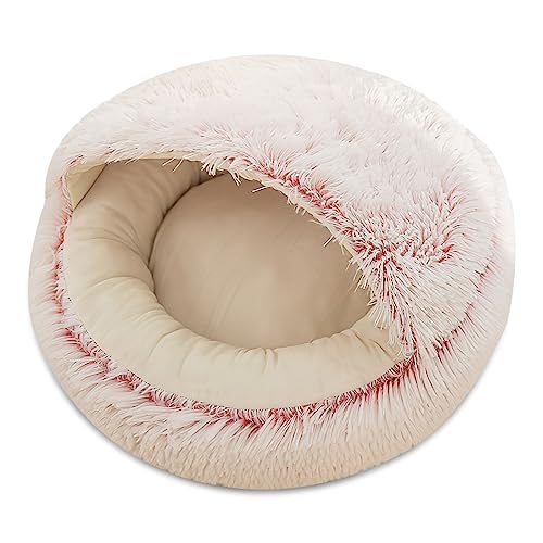 ALLSOPETS Katzenhöhlenbett Beruhigendes Hundebett Flauschiges Plüsch-Haustierbett für Katzen Kleine Hunde Welpen mit Waschbarem Abnehmbarem Kissen Donut Katzenbett (Sakura Rosa, M) von ALLSOPETS