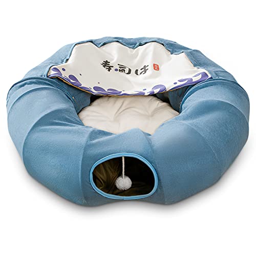 ALLSOPETS Katzenbett Katzentunnel 2 in 1 Rundes Faltbares Katzentunnelspielzeug Katzenbett mit 1 Hängenden Kratzbällen für Katzen Kätzchen Kaninchen Welpen Kleintiere Blau von ALLSOPETS