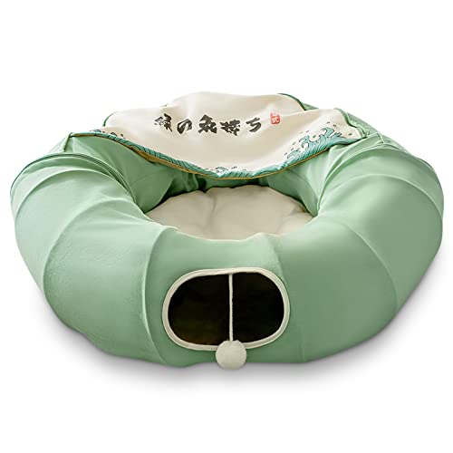 ALLSOPETS Katzenbett Katzentunnel 2 in 1 Rundes Faltbares Katzentunnelspielzeug Katzenbett mit 1 Hängenden Kratzbällen für Katzen Kätzchen Kaninchen Welpen Kleintiere Grün von ALLSOPETS