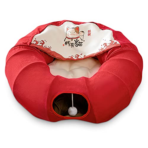 ALLSOPETS Katzenbett Katzentunnel 2 in 1 Rundes Faltbares Katzentunnelspielzeug Katzenbett mit 1 Hängenden Kratzbällen für Katzen Kätzchen Kaninchen Welpen Kleintiere Rot von ALLSOPETS