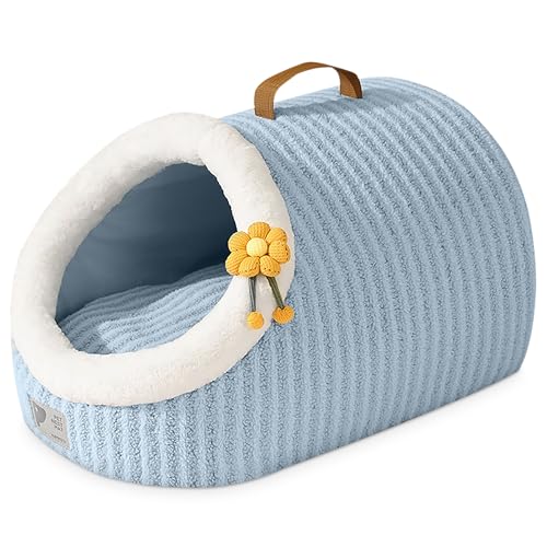 ALLSOPETS Katzenbett für Hauskatzen Weiche Katzenhöhle mit Wendbarem Kissen Ganzjahres Haustierbett für Kleine Hunde Welpen Kätzchen Süßes Katzenbettzelt mit Rutschfester Unterseite (Blau,M) von ALLSOPETS