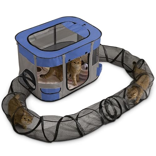 ALLSOPETS Katzengehege mit Tunnel Interaktiver Faltbarer Katzenzaun mit Großem Spielbereich Sicheres Outdoor-Katzenzelt für Hauskatzen Kleine Tiere und Welpen (Blau, XL) von ALLSOPETS