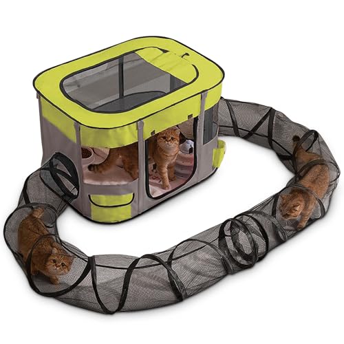 ALLSOPETS Katzengehege mit Tunnel Interaktiver Faltbarer Katzenzaun mit Großem Spielbereich Sicheres Outdoor-Katzenzelt für Hauskatzen Kleine Tiere und Welpen (Grün, XL) von ALLSOPETS