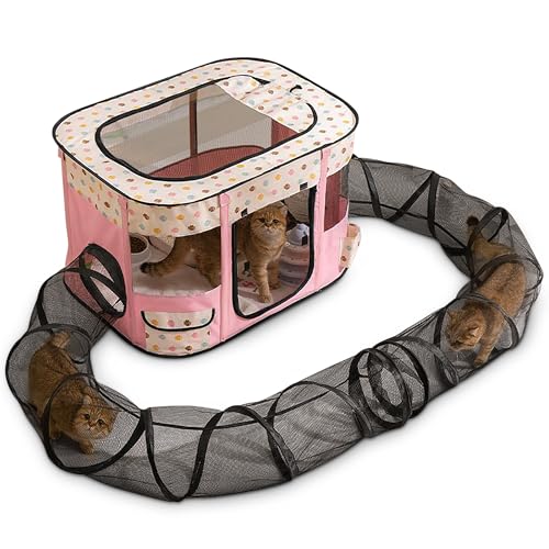 ALLSOPETS Katzengehege mit Tunnel Interaktiver Faltbarer Katzenzaun mit Großem Spielbereich Sicheres Outdoor-Katzenzelt für Hauskatzen Kleine Tiere und Welpen (Rosa, XL) von ALLSOPETS