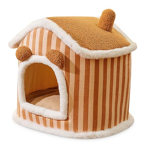 ALLSOPETS Katzenhaus Cartoon Süßes Hundehaus Warmer Haustier-Winterschutz für Katzen Hundewäsche Hundehütte mit Abnehmbarem Kissen Umschlossenes Schornsteinkatze Haus (Braun,L) von ALLSOPETS