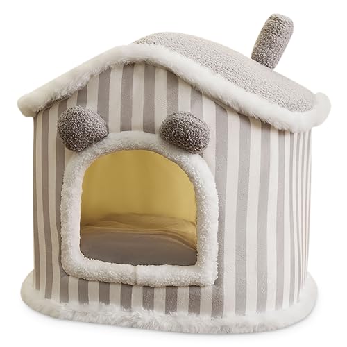 ALLSOPETS Katzenhaus Cartoon Süßes Hundehaus Warmer Haustier-Winterschutz für Katzen Hundewäsche Hundehütte mit Abnehmbarem Kissen Umschlossenes Schornsteinkatze Haus (Grau,M) von ALLSOPETS