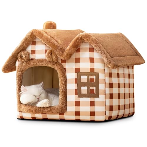 ALLSOPETS Hundehütte Innen Katzenhaus Faltbares Hundebett mit Abnehmbarem Kissen für Hunde Katzen Winter Warmer Katzennest Welpenhöhle Sofa Haustierprodukte (Braunbär, L) von ALLSOPETS