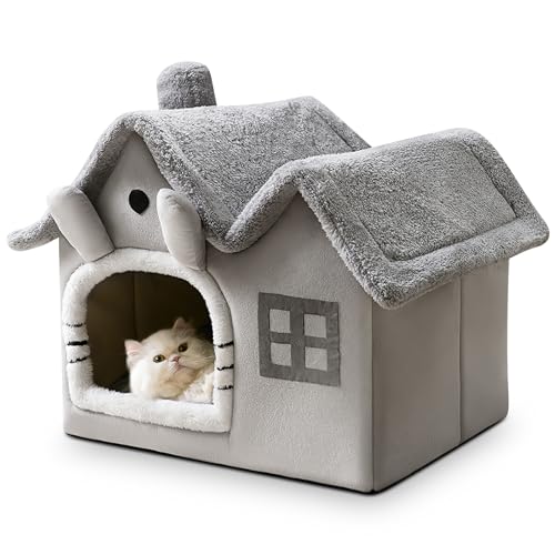 ALLSOPETS Hundehütte Innen Katzenhaus Faltbares Hundebett mit Abnehmbarem Kissen für Hunde Katzen Winter Warmer Katzennest Welpenhöhle Sofa Haustierprodukte (Graue Katze, L) von ALLSOPETS