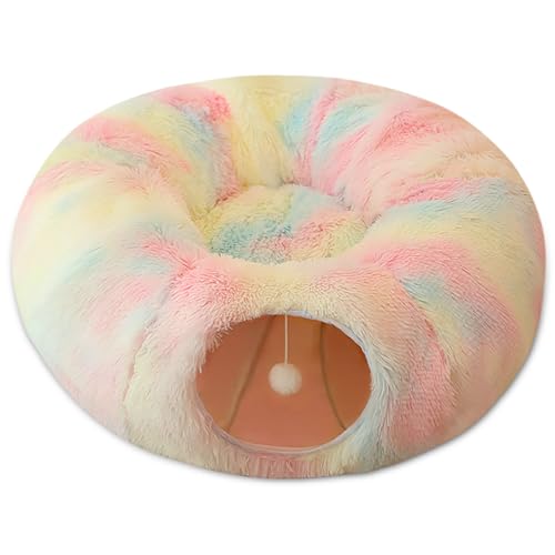 ALLSOPETS Katzentunnel mit Katzenbett für Drinnen, Faltbare Plüsch-Katzenhöhle mit Flauschigem Spielzeugball, Multifunktionales Katzenspielzeug für Kleine Mittlere Große Katzen, Rosa von ALLSOPETS