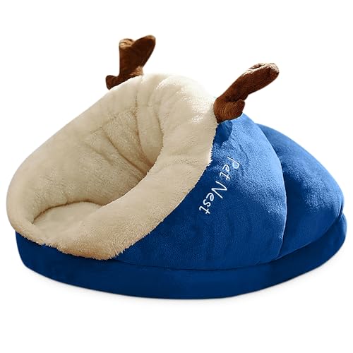 ALLSOPETS Kleines Hundebett Katzenhöhle Haustierzelt für Hunde Katzen Welpen Süßes Katzenbett Dickes Fleece Warmes Weiches Hundebett Kuschelhöhle Iglu-Nest gemütliches Bett (Blau, L) von ALLSOPETS