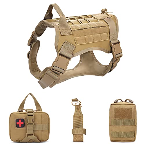 Hundegeschirr mit MOLLE System - ALLSOPETS Geschirr für Mittel- und Große Hunde mit Wasserflaschentasche Erste-Hilfe-Tasche und Mehrzwecktasche (Khaki, XL) von ALLSOPETS