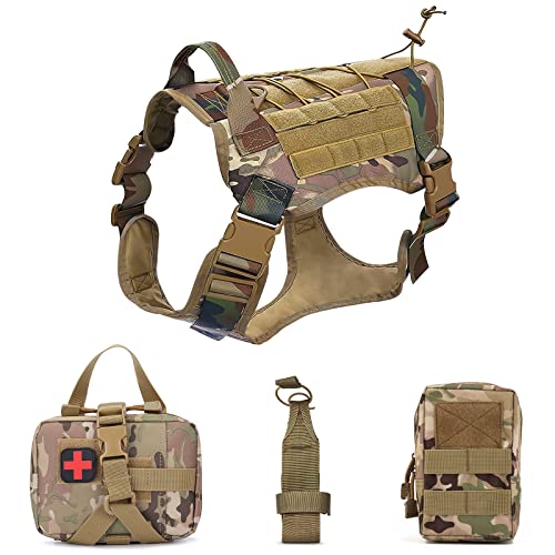 ALLSOPETS Hundegeschirr mit MOLLE System Geschirr für Mittel- und Große Hunde mit Wasserflaschentasche Erste-Hilfe-Tasche und Mehrzwecktasche (Tarnfarbe, M) von ALLSOPETS