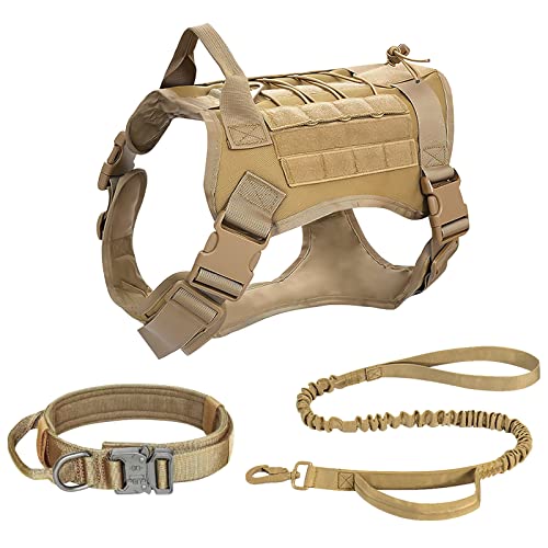 ALLSOPETS Taktisches Hundegeschirr mit Halsband und Leine Verstellbares Hundewestengeschirr für mittelgroße und große Hunde Ideal für Outdoor-Training und Spaziergänge (Khaki, XL) von ALLSOPETS