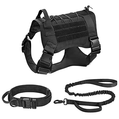 ALLSOPETS Taktisches Hundegeschirr mit Halsband und Leine Verstellbares Hundewestengeschirr für mittelgroße und große Hunde Ideal für Outdoor-Training und Spaziergänge (Schwarz, XL) von ALLSOPETS