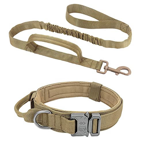 ALLSOPETS Taktisches Hundehalsband und Leinen Set Hundehalsband mit Hundeleine und Steuergriff Verstellbares Militärisches Hundehalsband für Mittlere Große Hunde Outdoor Abenteuer Khaki L von ALLSOPETS