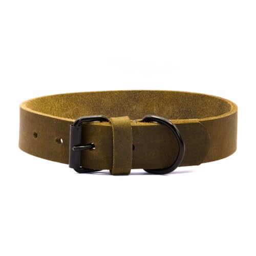 ALMADOG® Hundehalsband Joker - Glattes Fettleder olivgrün L (45-52,5cm Halsumfang, 3cm breit) von ALMADOG