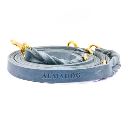 ALMADOG® Hundeleine Abby - 3-Fach verstellbar - Umhängeleine - weiches Fettleder Silbergrau (12mm x 230cm) von ALMADOG