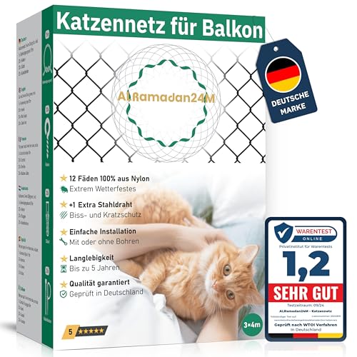 ALRamadan24M® - Katzennetz für Balkon - 3x4m in Olivgrün Extra Drahtverstärkt, Katzenschutznetz mit/ohne Bohren Fensternetz Balkonnetz für Katzen Schutz Katzenschutz Fensterschutz Schutznetz, Cat Net von ALRamadan24M