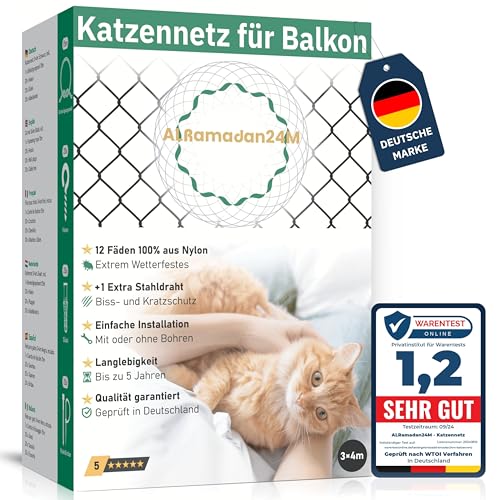 ALRamadan24M® - Katzennetz für Balkon - 3x4m in Schwarz Extra Drahtverstärkt, Katzenschutznetz mit/ohne Bohren Fensternetz Balkonnetz für Katzen Schutz Katzenschutz Fensterschutz Schutznetz, Cat Net von ALRamadan24M