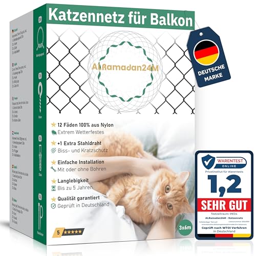 ALRamadan24M® - Katzennetz für Balkon - 3x6m in Olivgrün Extra Drahtverstärkt, Katzenschutznetz mit/ohne Bohren Fensternetz Balkonnetz für Katzen Schutz Katzenschutz Fensterschutz Schutznetz, Cat Net von ALRamadan24M