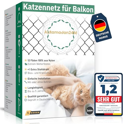 ALRamadan24M® - Katzennetz für Balkon - 3x6m in Schwarz Extra Drahtverstärkt, Katzenschutznetz mit/ohne Bohren Fensternetz Balkonnetz für Katzen Schutz Katzenschutz Fensterschutz Schutznetz, Cat Net von ALRamadan24M