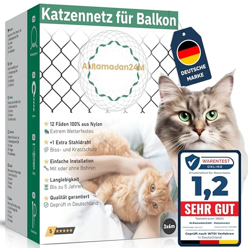 ALRamadan24M® - Katzennetz für Balkon - 3x6m in Schwarz Extra Drahtverstärkt, Katzenschutznetz mit/ohne Bohren Fensternetz Balkonnetz für Katzen Schutz Katzenschutz Fensterschutz Schutznetz, Cat Net von ALRamadan24M