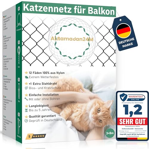 ALRamadan24M® - Katzennetz für Balkon - 3x8m in Olivgrün Extra Drahtverstärkt, Katzenschutznetz mit/ohne Bohren Fensternetz Balkonnetz für Katzen Schutz Katzenschutz Fensterschutz Schutznetz, Cat Net von ALRamadan24M