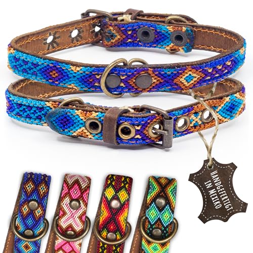 ALTEZAR Hundehalsband Leder - braunes Rindsleder Tribal Blau/Braun/Beigenes durchgehend bestickt - Handgemacht in Mexiko Lederhalsband Hund - Größe XS - für sehr kleine Hunde von ALTEZAR