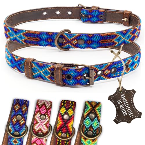 ALTEZAR Hundehalsband Leder - braunes Rindsleder Tribal Blau durchgehend Bestickt - Handgemacht in Mexiko Lederhalsband Hund - Größe L - für große Hunde von ALTEZAR