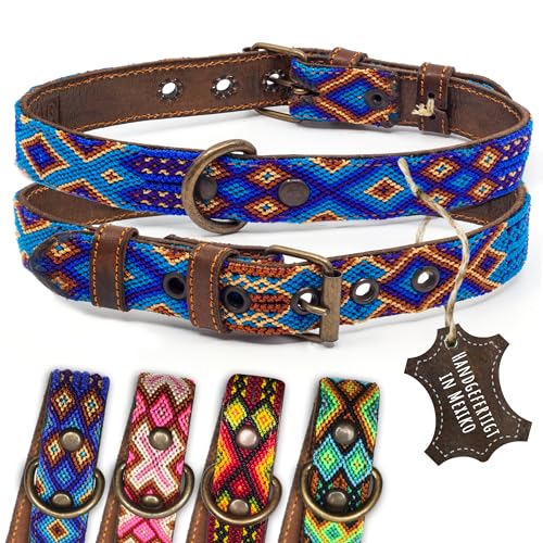 ALTEZAR Hundehalsband Leder - braunes Rindsleder Tribal Blau durchgehend Bestickt - Handgemacht in Mexiko Lederhalsband Hund - Größe M - für mittel-große Hunde von ALTEZAR