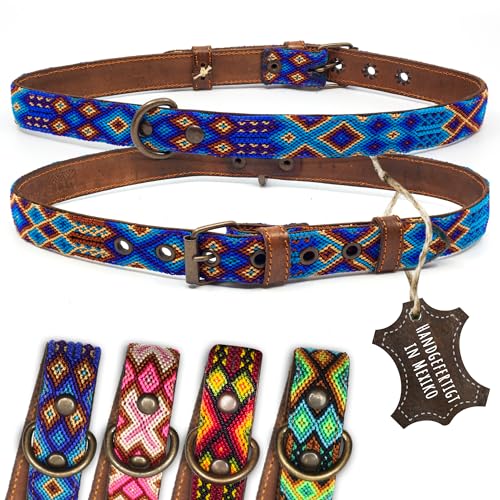 ALTEZAR Hundehalsband Leder - braunes Rindsleder Tribal Blau durchgehend Bestickt - Handgemacht in Mexiko Lederhalsband Hund - Größe XL - für sehr große Hunde von ALTEZAR