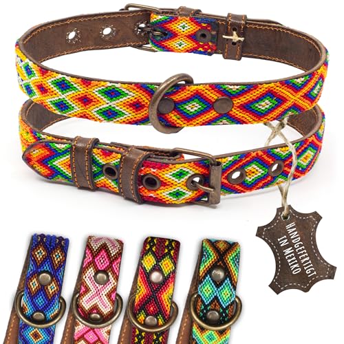 ALTEZAR Hundehalsband Leder - braunes Rindsleder Tribal Farbenrausch durchgehend Bestickt bunt - Handgemacht in Mexiko Lederhalsband Hund - Größe M - für mittel-große Hunde von ALTEZAR