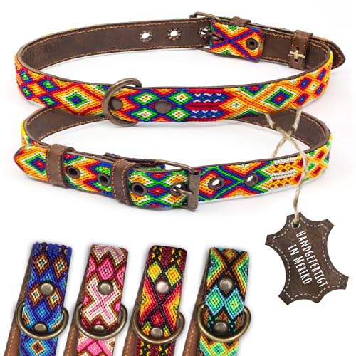 ALTEZAR Hundehalsband Leder - braunes Rindsleder Tribal Farbenrausch durchgehend Bestickt bunt - Handgemacht in Mexiko Lederhalsband Hund - Größe L - für große Hunde von ALTEZAR