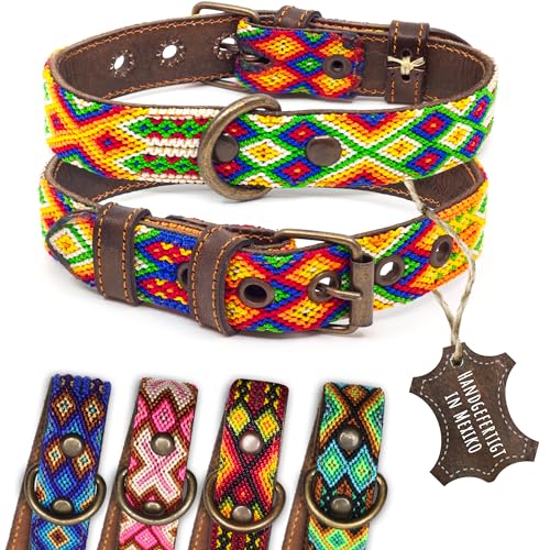 ALTEZAR Hundehalsband Leder - braunes Rindsleder Tribal Farbenrausch durchgehend Bestickt bunt - Handgemacht in Mexiko Lederhalsband Hund - Größe S - für kleine Hunde von ALTEZAR