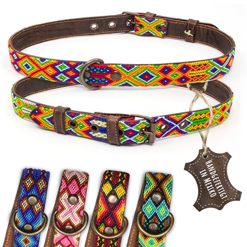 ALTEZAR Hundehalsband Leder - braunes Rindsleder Tribal Farbenrausch durchgehend Bestickt bunt - Handgemacht in Mexiko Lederhalsband Hund - Größe XL - für sehr große Hunde von ALTEZAR