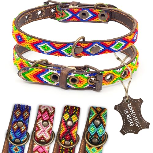 ALTEZAR Hundehalsband Leder - braunes Rindsleder Tribal Farbenrausch durchgehend Bestickt bunt - Handgemacht in Mexiko Lederhalsband Hund Hund - Größe XS - für sehr kleine Hunde von ALTEZAR