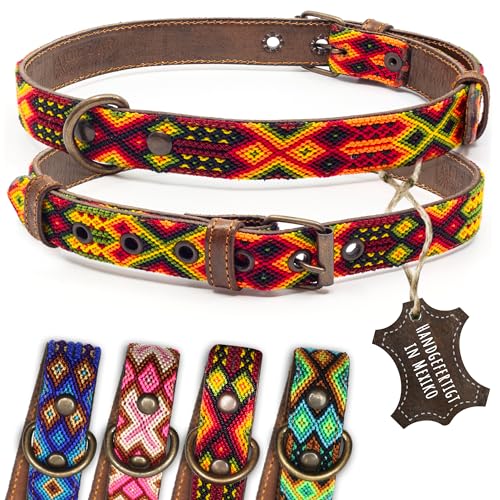 ALTEZAR Hundehalsband Leder - braunes Rindsleder Tribal Feuerrot durchgehend Bestickt gelb/orange/rot - Handgemacht in Mexiko Lederhalsband Hund - Größe L - für große Hunde von ALTEZAR