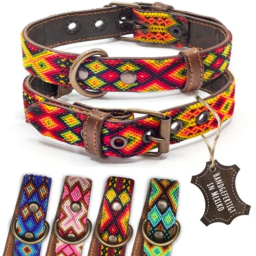 ALTEZAR Hundehalsband Leder - braunes Rindsleder Tribal Feuerrot durchgehend Bestickt gelb/orange/rot - Handgemacht in Mexiko Lederhalsband Hund - Größe S - für kleine Hunde von ALTEZAR