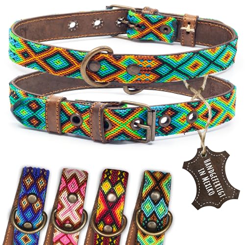 ALTEZAR Hundehalsband Leder - braunes Rindsleder Tribal Grün/Braun/Beiges durchgehend Bestickt - Handgemacht in Mexiko Lederhalsband Hund - Größe M - für mittel-große Hunde von ALTEZAR