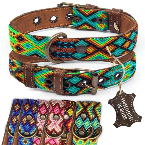 ALTEZAR Hundehalsband Leder - braunes Rindsleder Tribal Grün/Braun/Beiges durchgehend Bestickt - Handgemacht in Mexiko Lederhalsband Hund - Größe S - für kleine Hunde von ALTEZAR