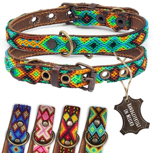 ALTEZAR Hundehalsband Leder - braunes Rindsleder Tribal Grün/Braun/Beiges durchgehend Bestickt - Handgemacht in Mexiko Lederhalsband Hund - Größe XS - für sehr kleine Hunde von ALTEZAR