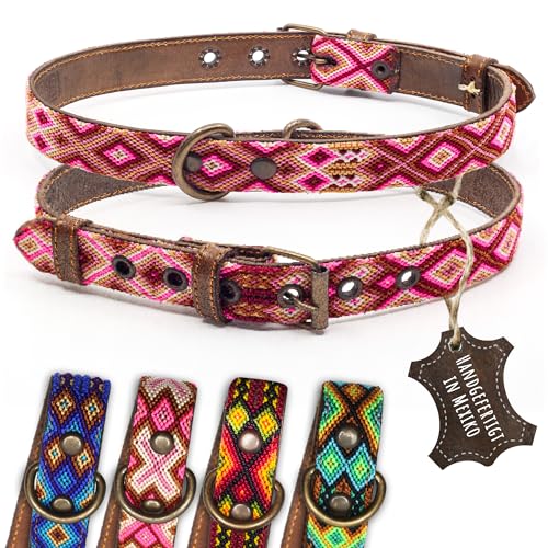 ALTEZAR Hundehalsband Leder - braunes Rindsleder Tribal Rosa/Pink durchgehend Bestickt - Handgemacht in Mexiko Lederhalsband Hund - Größe L - für große Hunde von ALTEZAR