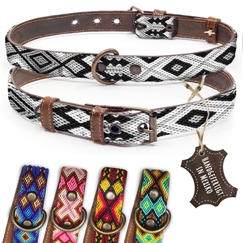 ALTEZAR Hundehalsband Leder - braunes Rindsleder Tribal Schwarz/Weiß durchgehend Bestickt bunt - Handgemacht in Mexiko Lederhalsband Hund - Größe L - für große Hunde von ALTEZAR