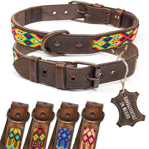 ALTEZAR Lederhalsband Hund - Doppelt Tribal Bestickt Farbenrausch/Bunt Braun - Hochwertig verarbeitetes Hundehalsband Leder - Handgemacht in Mexiko - Größe L Halsband Hund für große Hunde Leder breit von ALTEZAR