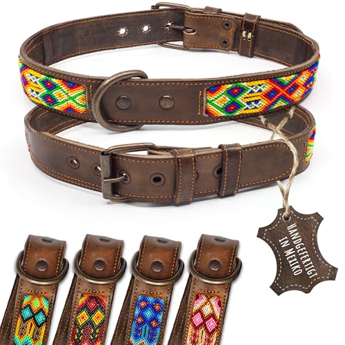 ALTEZAR Hundehalsband aus Rinds-Leder - Doppelt Tribal Bestickt Farbenrausch Braun - Hochwertig verarbeitet Bunt - Handgemacht in Mexiko - Größe XL von ALTEZAR