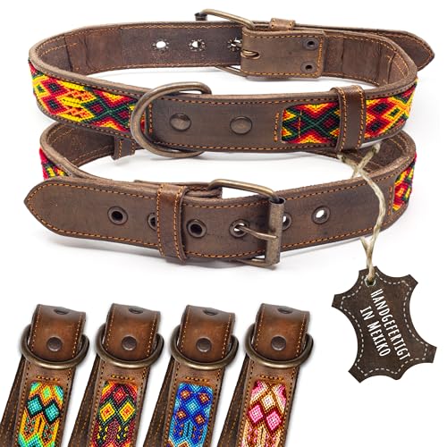 ALTEZAR Hundehalsband aus Rinds-Leder - Doppelt Tribal Bestickt Feuerrot Braun - Hochwertig verarbeitet Rot-Orange - Handgemacht in Mexiko - Größe L von ALTEZAR