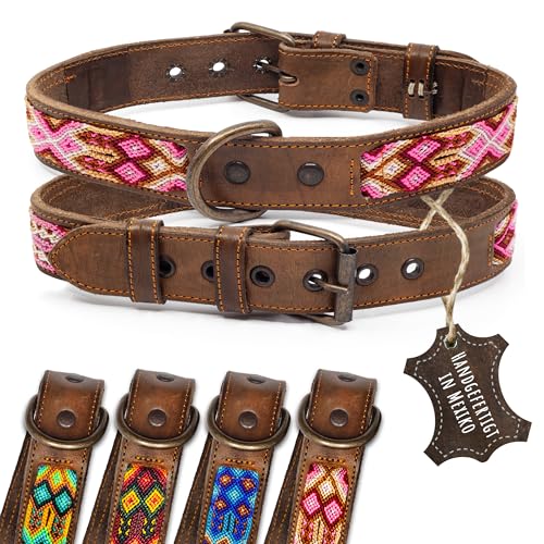 ALTEZAR Hundehalsband aus Rinds-Leder - Doppelt Tribal Bestickt Rosa Weiß Pink Braun - Hochwertig verarbeitet - Handgemacht in Mexiko - Größe L von ALTEZAR